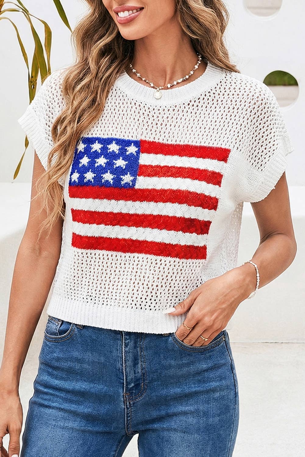 LDC Flag Graphic Short Sleeve Sweater Top: Sky Blue / S
