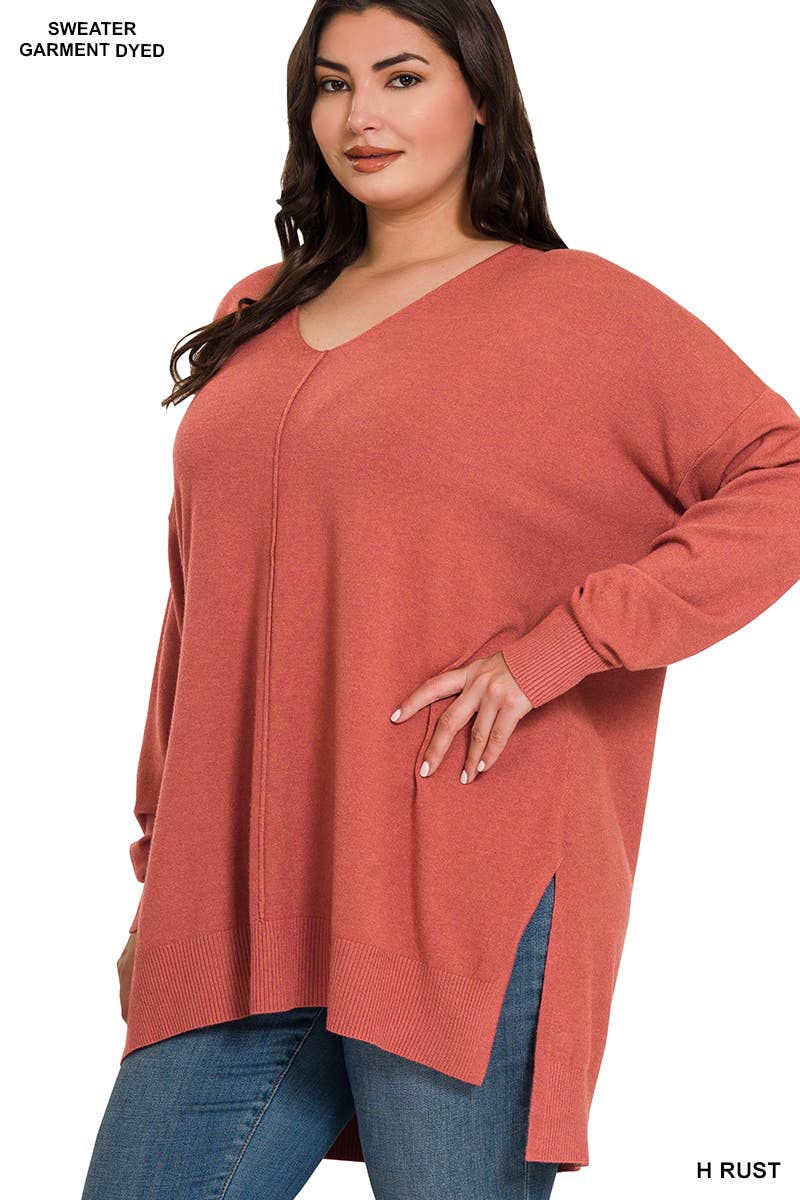 Plus Hi-Low Hem V-Neck Center Seam Sweater: H LT NAVY / 3-2 (1XL/2XL-2XL/3XL)