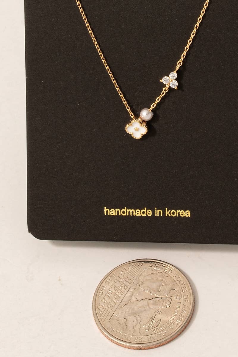 Enamel Clover Pearl And Stud Charms Chain Necklace: WH