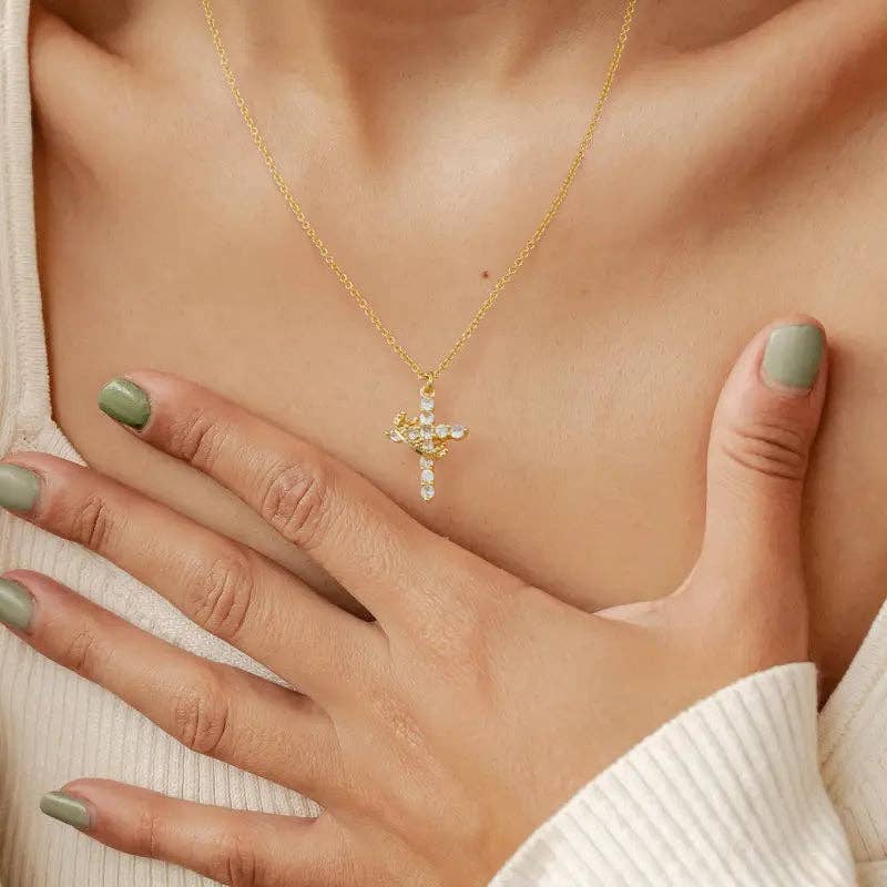 Sparkling Crown Cross Pendant Necklace Christian Jewelry: Yellow Gold