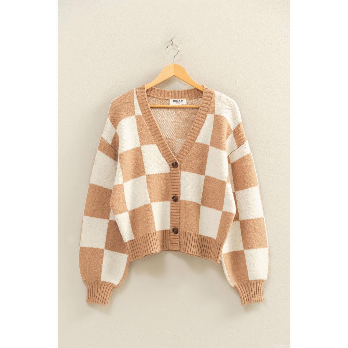 Checkered Button Front Cardigan Sweater: EMERALD/CREAM / S-M-L(2-2-2)