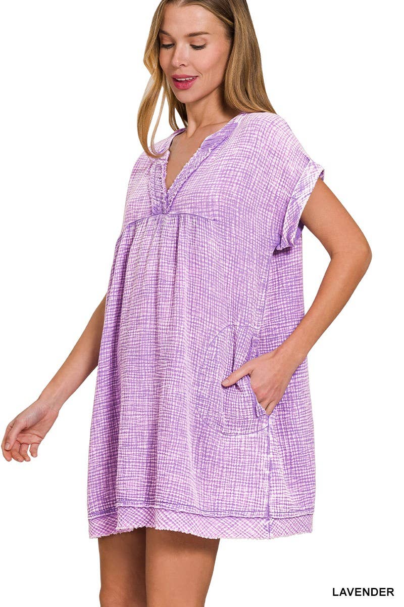 Washed Double Gauze Raw Edge V-neck Dress: DEEP SKY / 2-2-2(S-M-L)