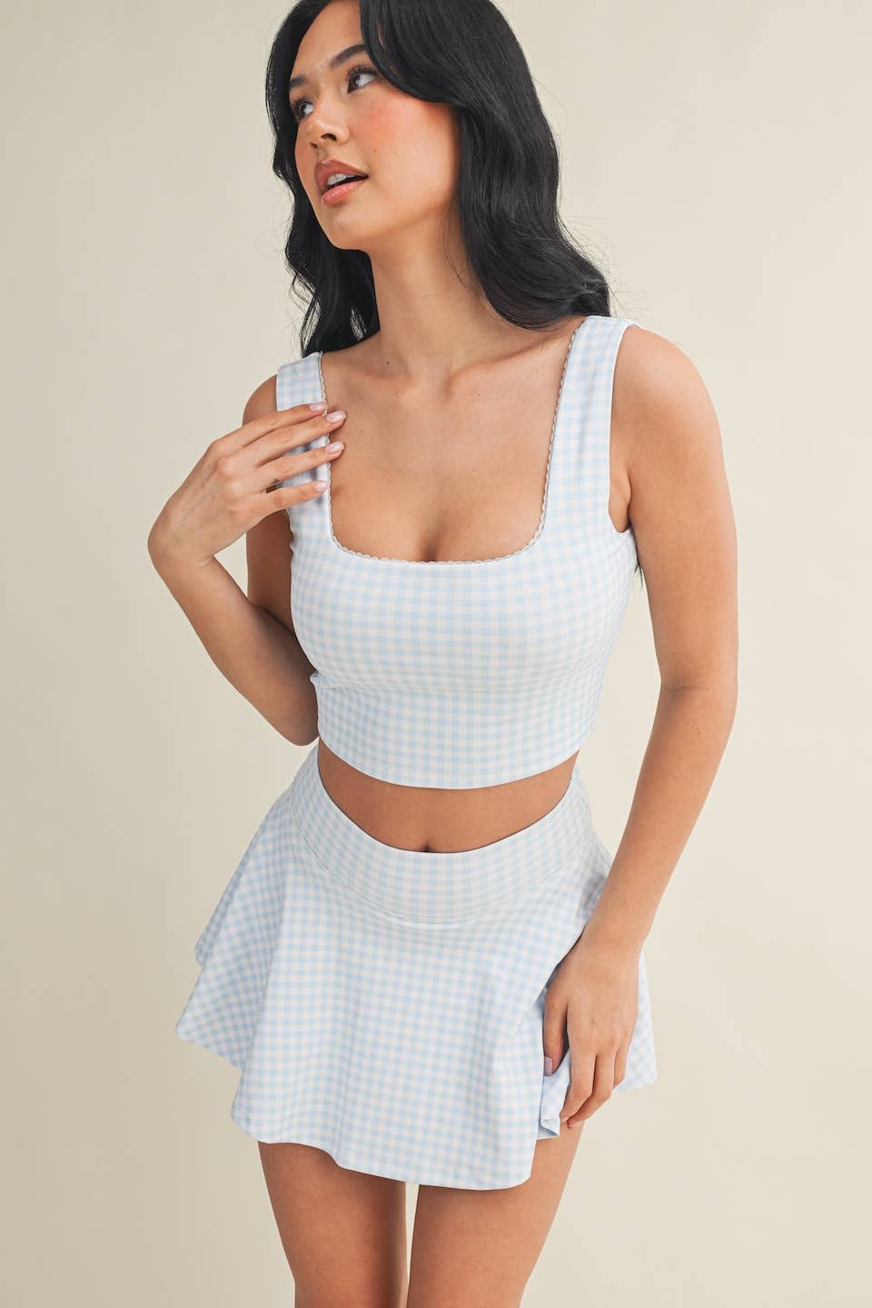 Gingham Print Crop Tank with Lace Trim: Pink Gingham / L