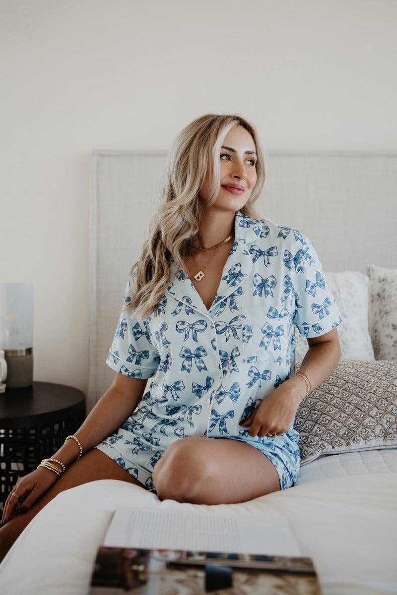 Toile Print Coquette Bows Cute Pajamas: Light Blue / M