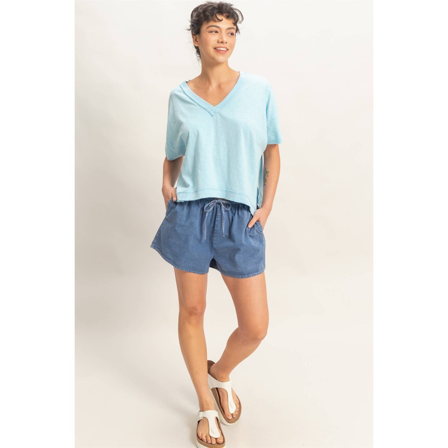 Oversized V-Neck Short Sleeve Top: WHIP CREAM / S-M-L(2-2-2)