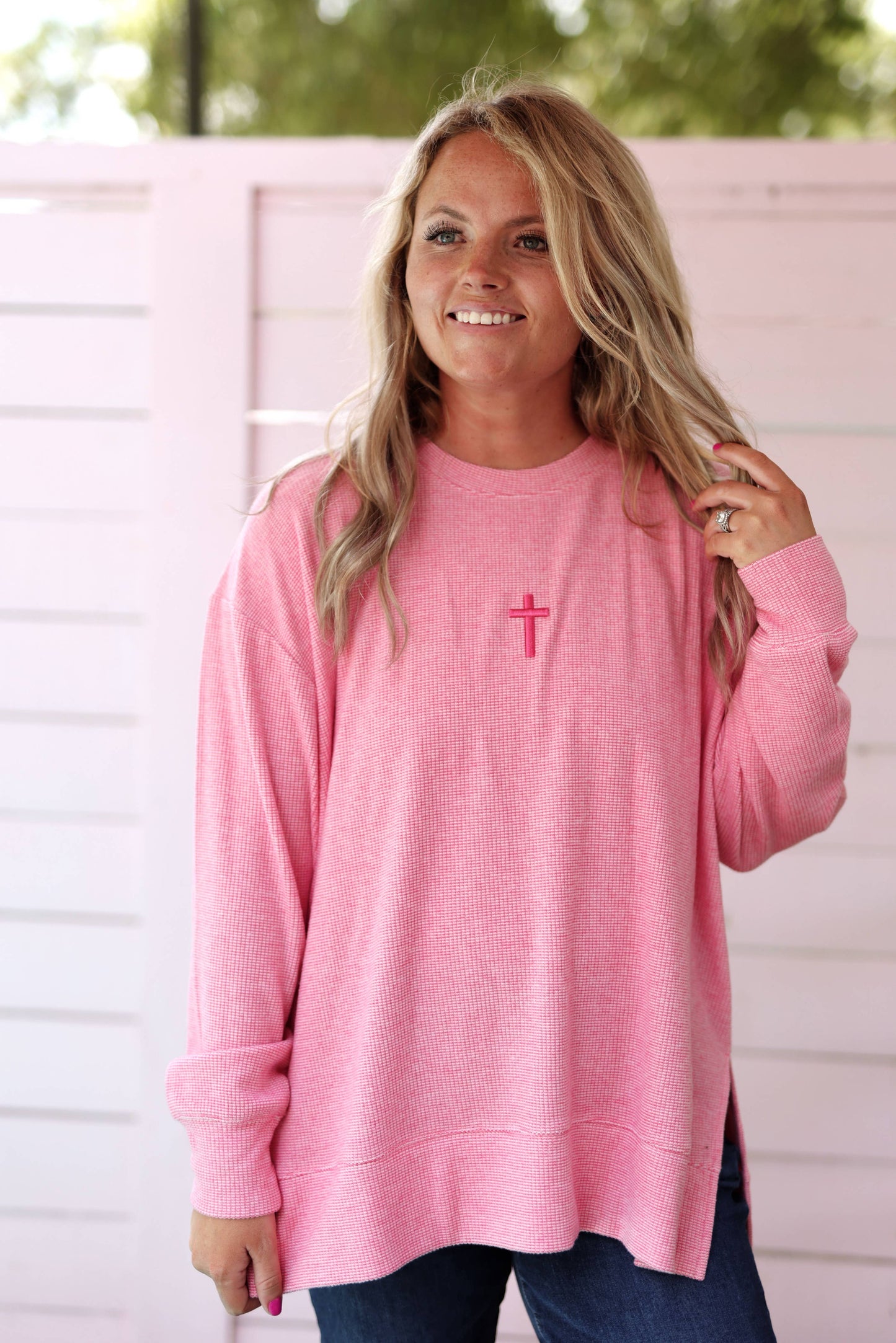 Cross 3DEmbroidery - Cozy DayBrushed Waffle Pullover (Coral): Large