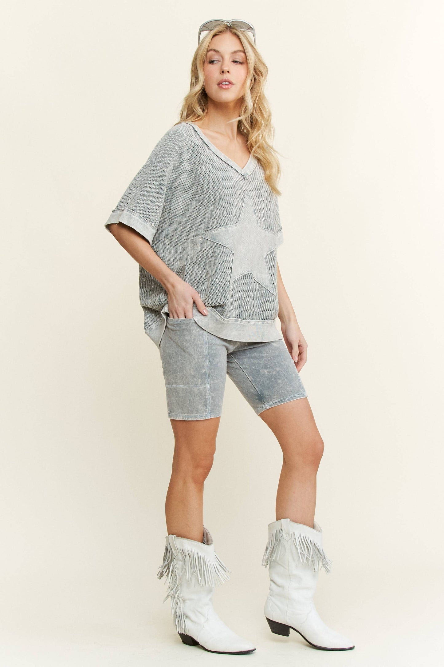 MineralWashed Star patched Mesh Knit Vest top HT6385: Silver Grey / S-M- L / 2-2-2