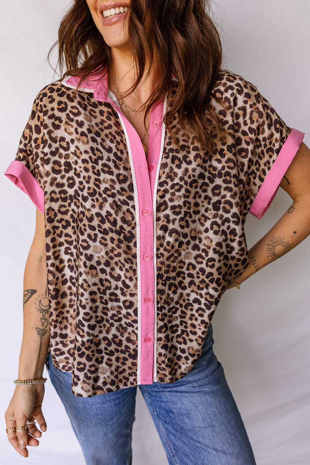 LDC Leopard Print Contrasted Trim Animal Short Sleeve Shirt: Multicolour / S