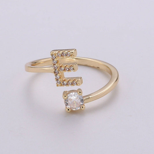 Adjustable Gold Initial Ring With CZ R370~R395: E