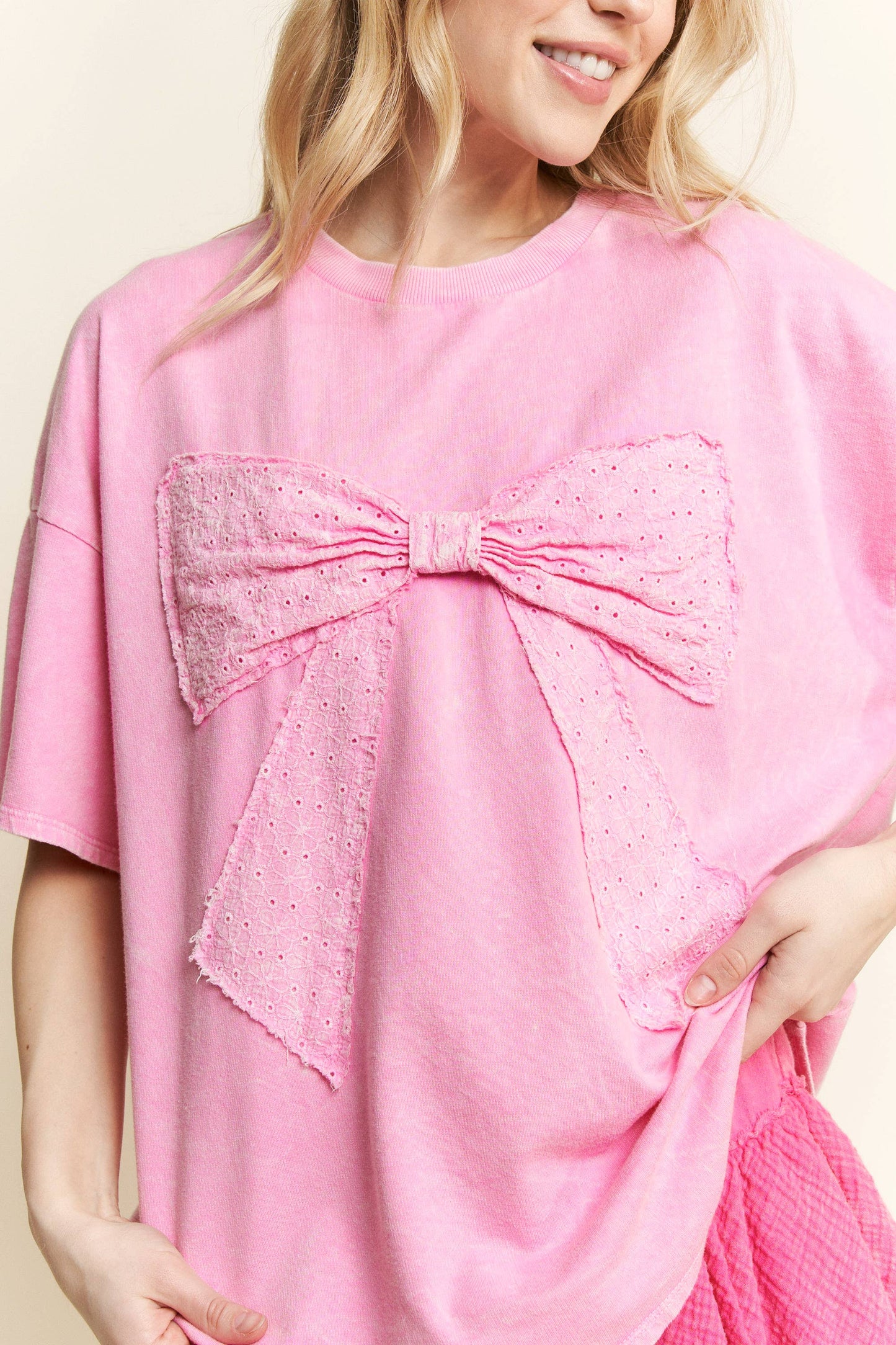 MineralWash Ribbon bow half sleeve shirt HT6308: Silver Grey / S-M-L / 2-2-2