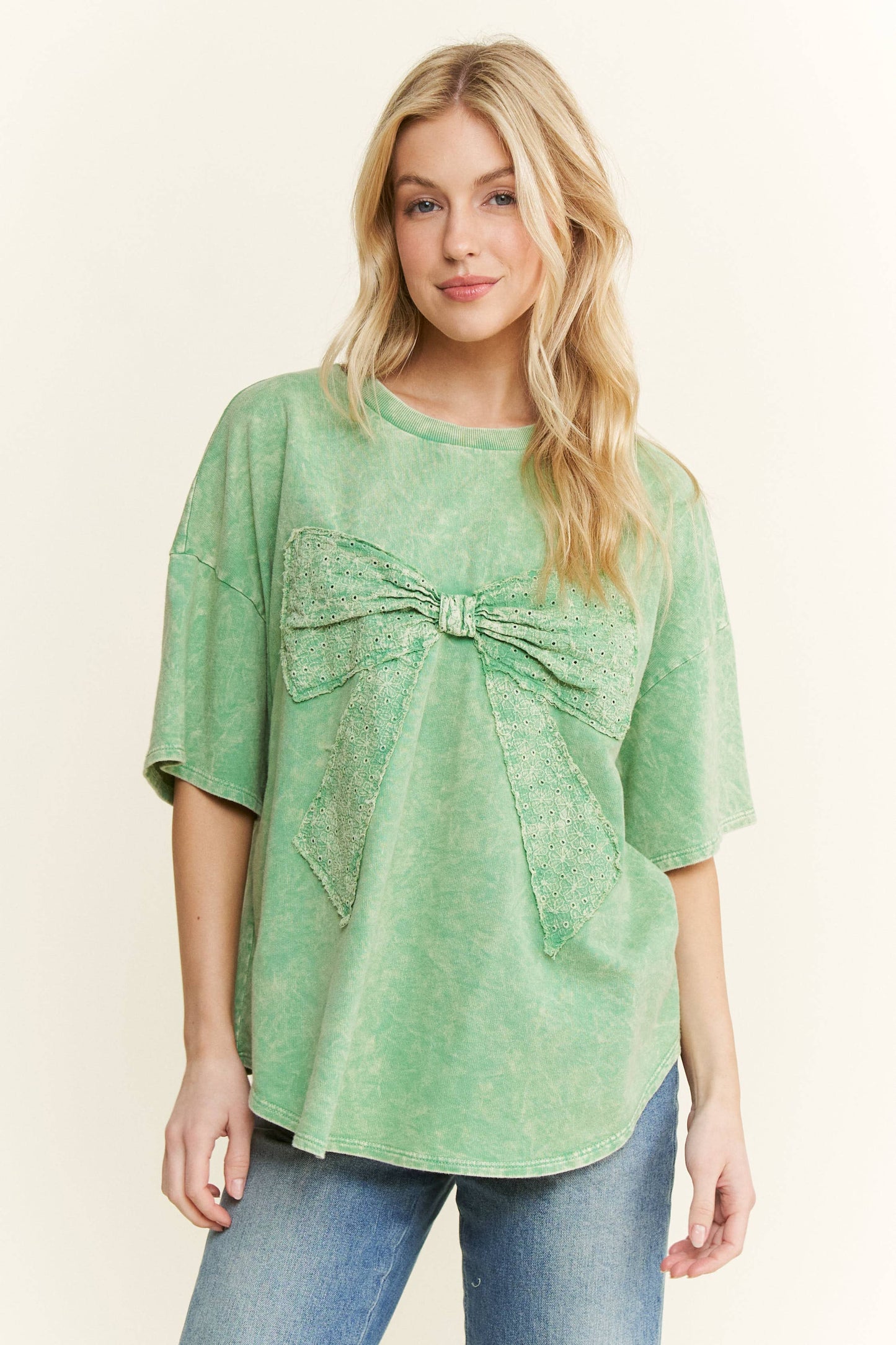 MineralWash Ribbon bow half sleeve shirt HT6308: Silver Grey / S-M-L / 2-2-2
