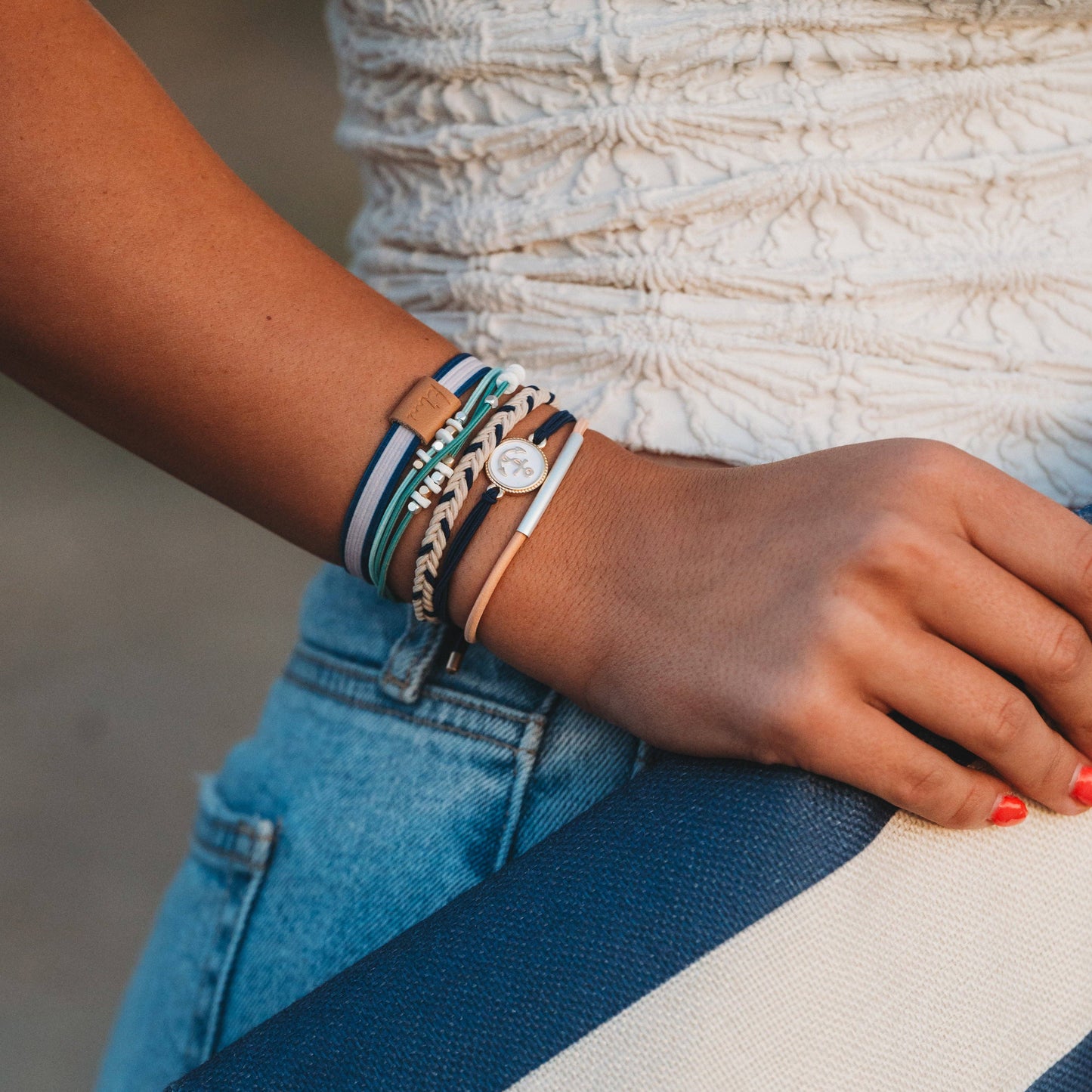 "Anchor" Nautical Colors with Anchor Charm Hair Tie Bracelets: Small