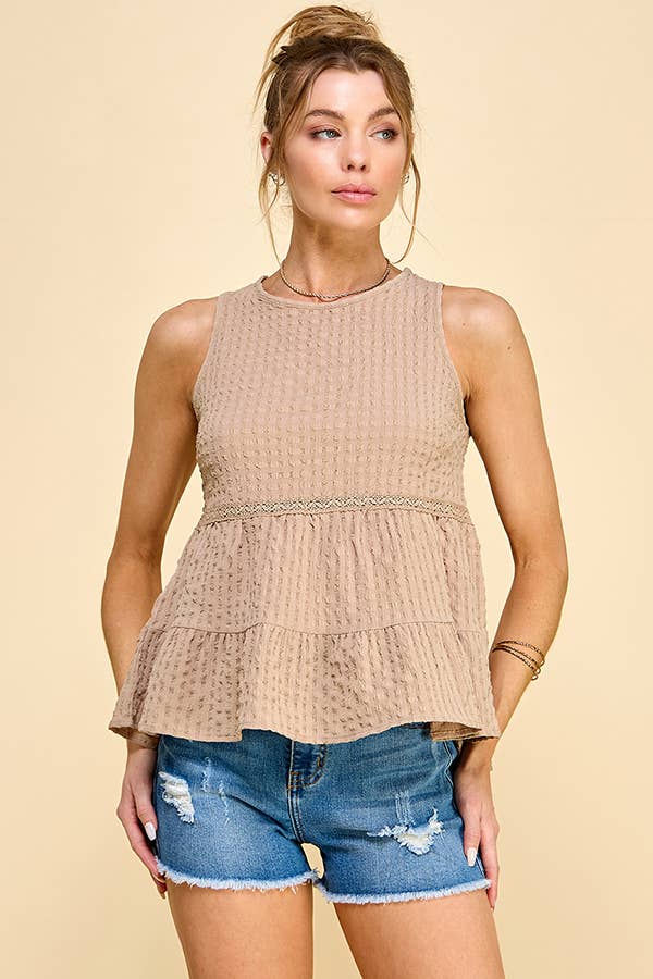 WK50480 - BABYDOLL TIER BUBLLE WOVEN TOP WITH TIE BACK: SATIN ROSE / S-M-L/2-2-2