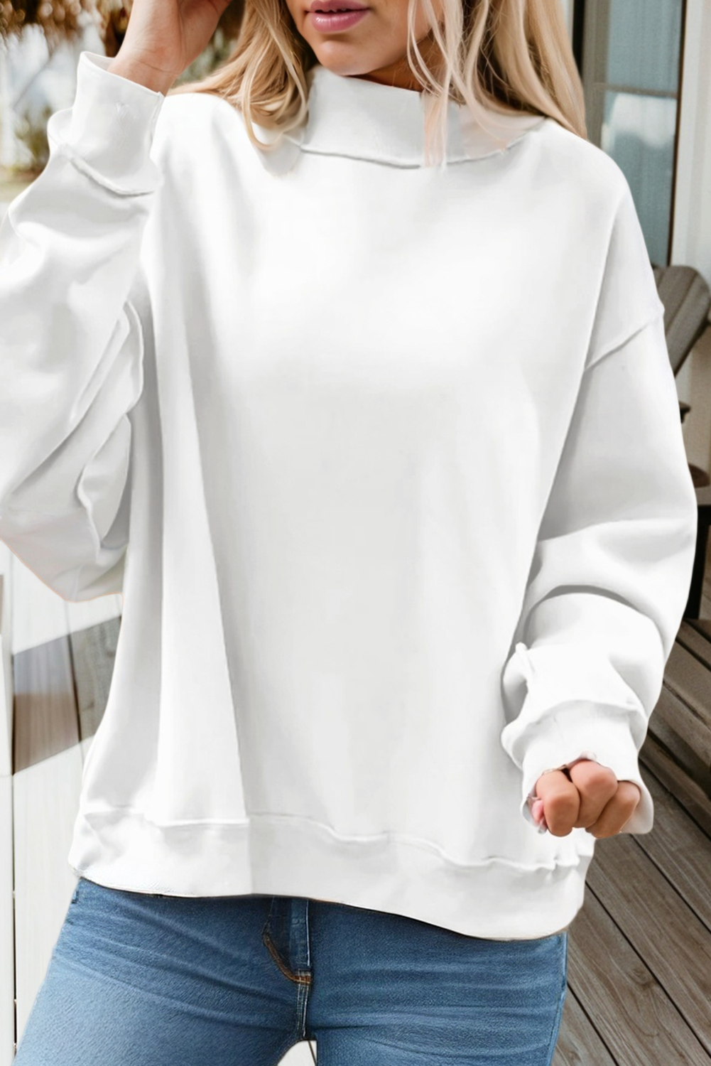 Love Solid Oversize Reversible Mock Neck Sweatshirt (S-XL): Light Grey / Missy / M