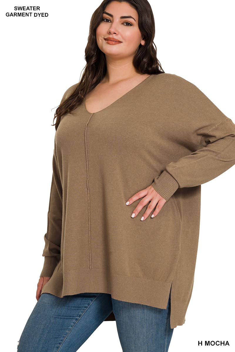 Plus Hi-Low Hem V-Neck Center Seam Sweater: H LT NAVY / 3-2 (1XL/2XL-2XL/3XL)