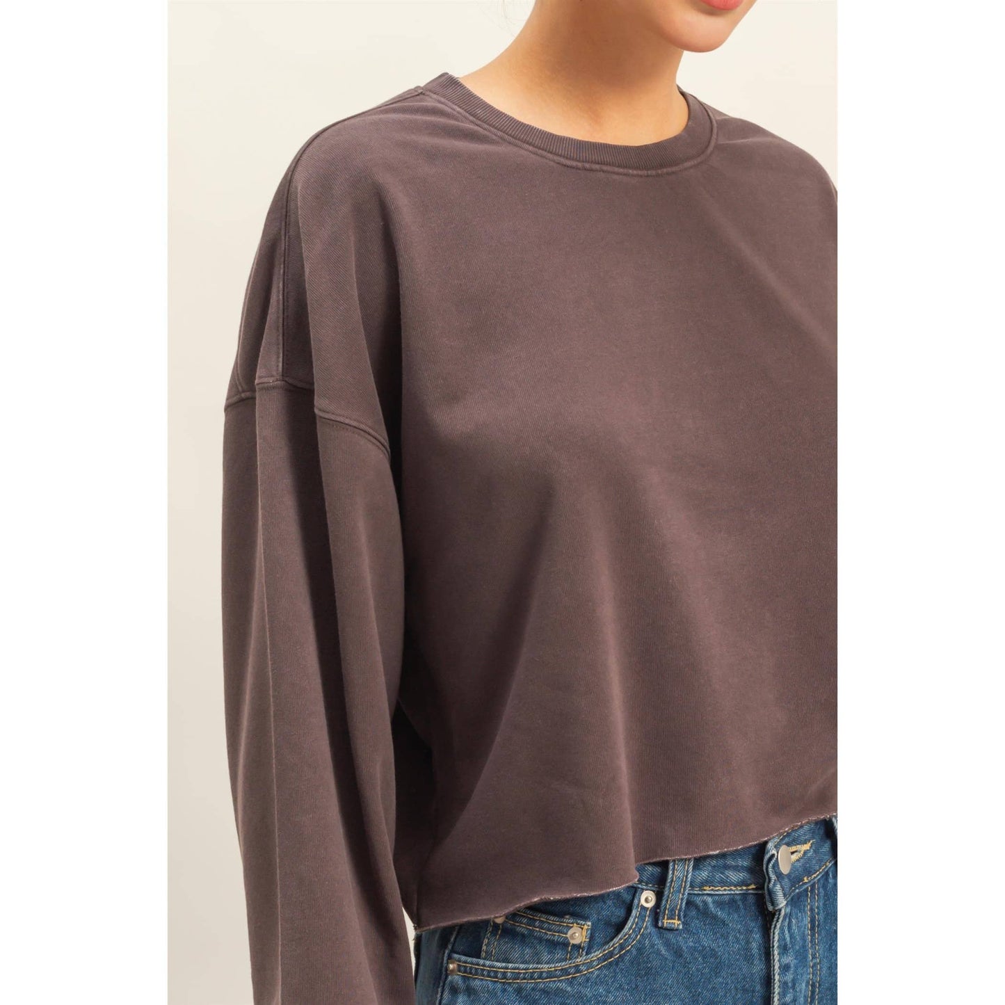 Cropped Crewneck Sweatshirt With Oversized Sleeves: DUSTY NAVY / S-M-L(2-2-2)