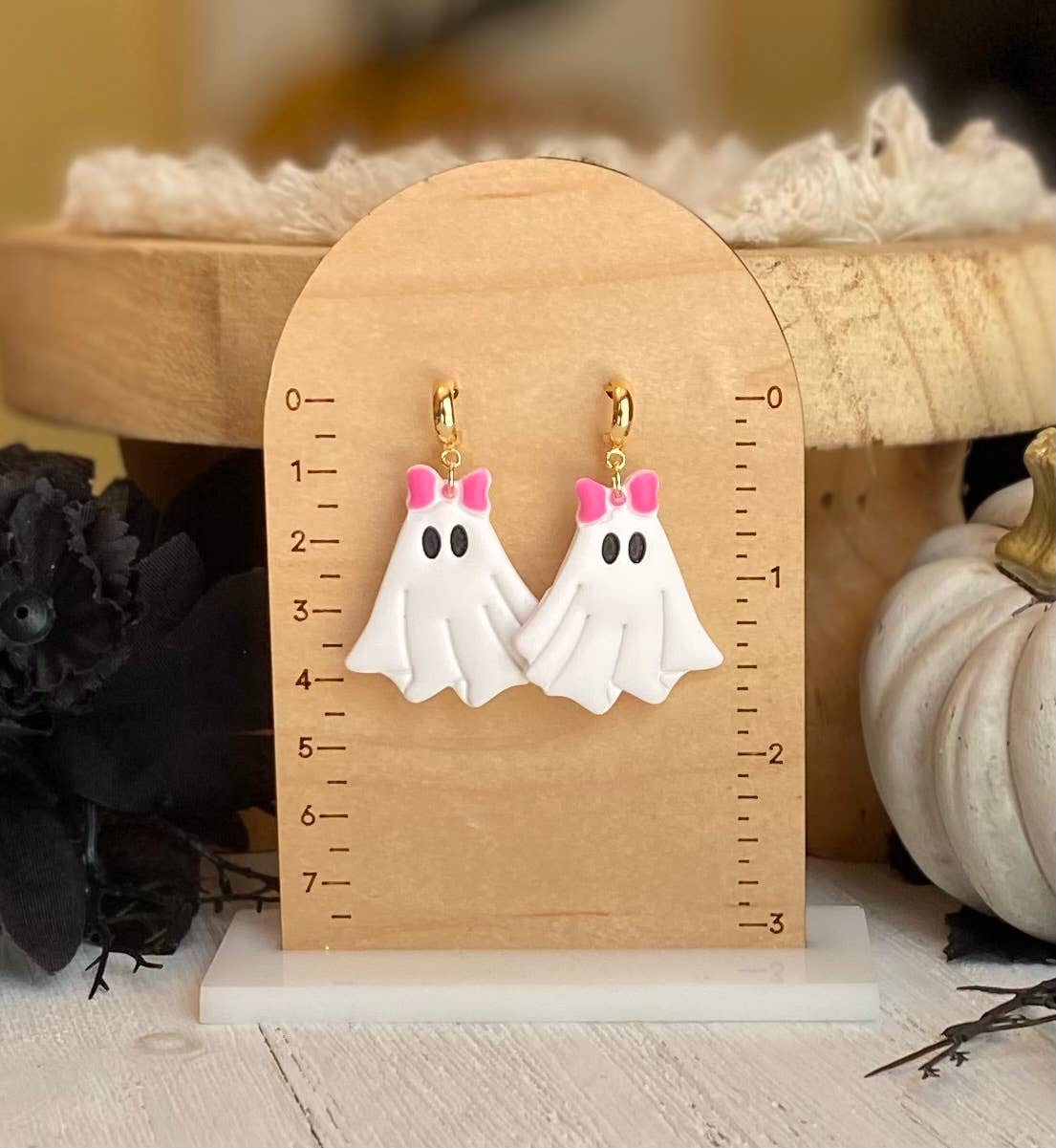 Pink Halloween Earrings | Fall Earrings : Ghost with Bows