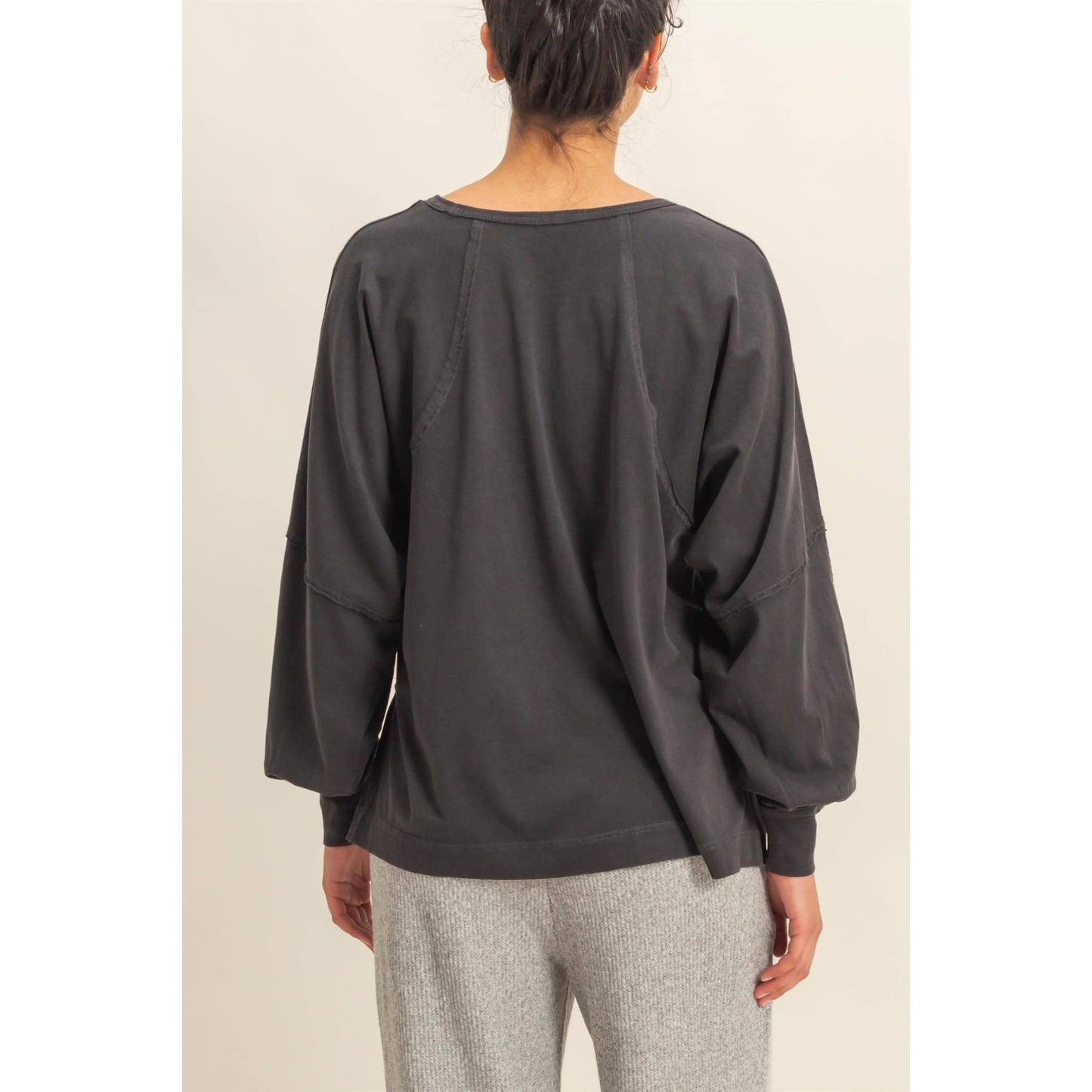 Washed Oversized Long Sleeve Top With Slit: TAFFY PINK / S-M-L(2-2-2)