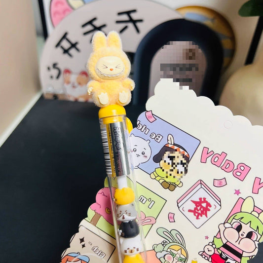 Labubu flocking deco gel pen cute student creative labubu pen: YELLOW-#1