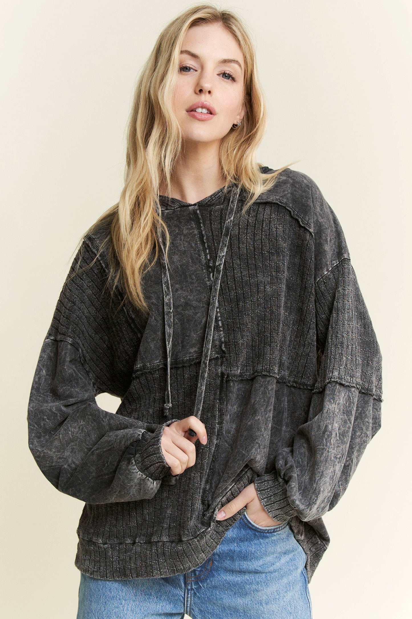 MineralWash Sweater block stitched hoodie shirt HT5969.: Olive / S-M-L / 2-2-2