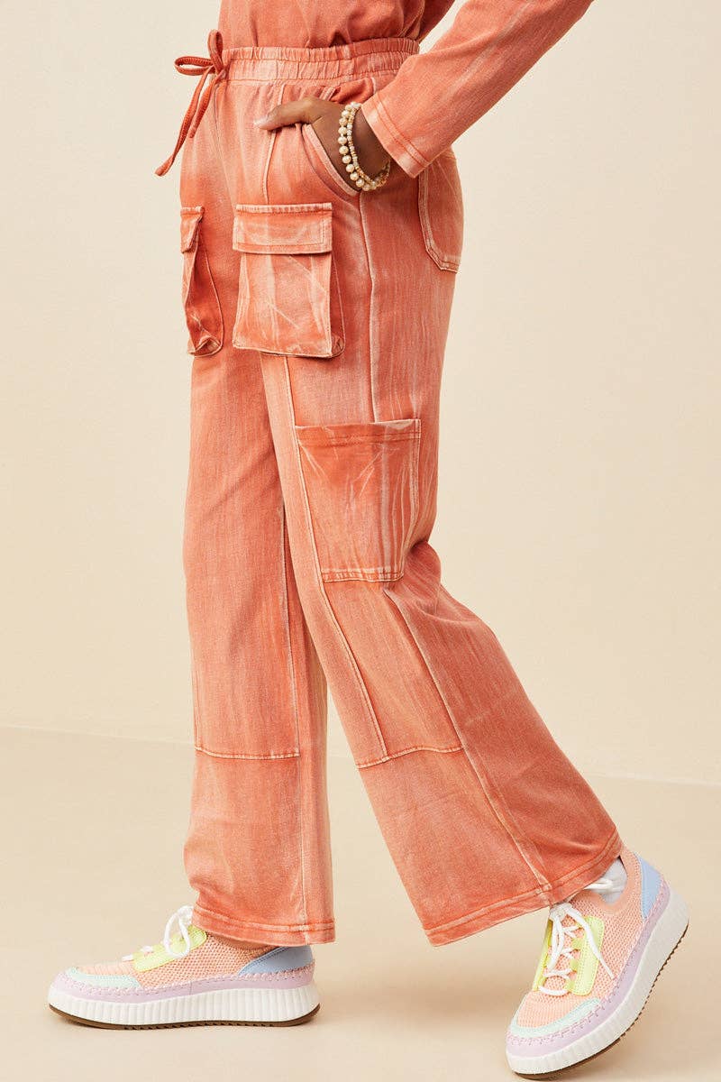 Girls Washed Cargo Pocket Detail Wide Leg Knit Pants - 4Pc: Rust / Pack