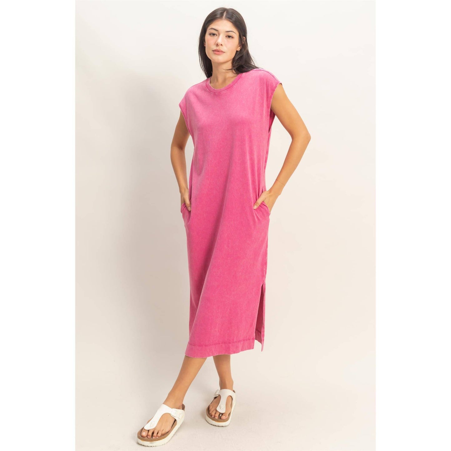 Mineral Wash Cap Sleeve Midi Dress: DARK TEAL / S-M-L(2-2-2)