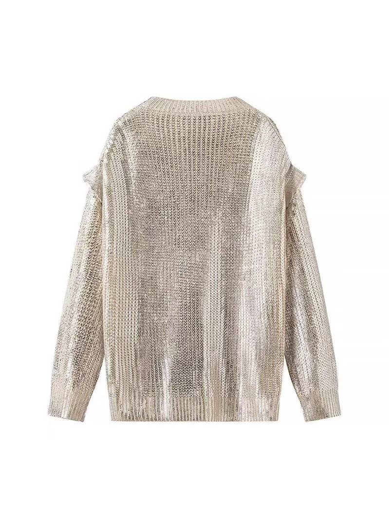 Shiny Retro Luxury Metallic Pullover Sweater: Silvery / M