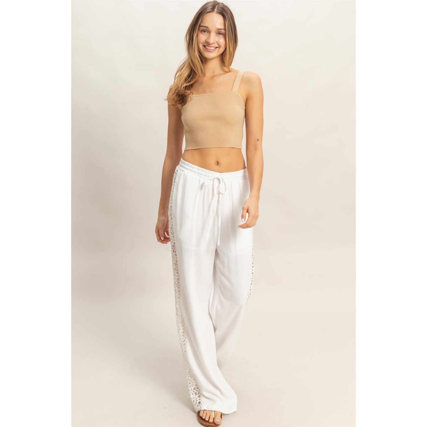 Lace Trim Wide Leg Pants: TERACOTTA / S-M-L(2-2-2)