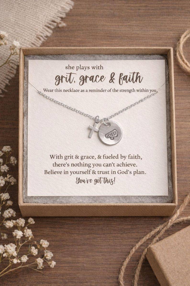 Megaphone Cross Necklace for Cheerleader – Grit Grace and Faith Gift – Cheer Team Jewelry – Senior Night Cheer Gift: Gold / Necklace & Card Only ($10.49)