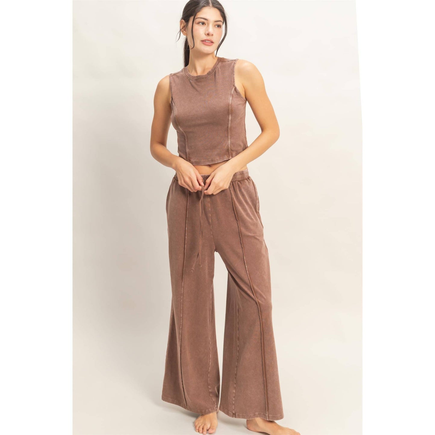 Mineral Washed Sleeveless Top & Wide Leg Pants Set: CHOCOLATE / S-M-L(2-2-2)