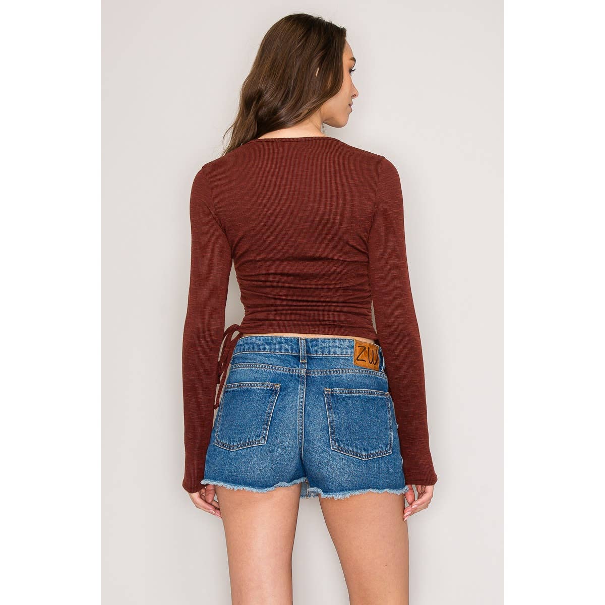 Scoop Neck Long Sleeve Side Drawstring Knit Top: Black / S-M-L(2-2-2)