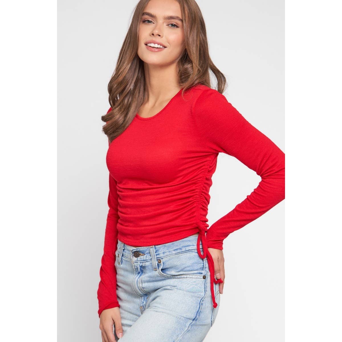 Scoop Neck Long Sleeve Side Drawstring Knit Top: Red / S-M-L(2-2-2)