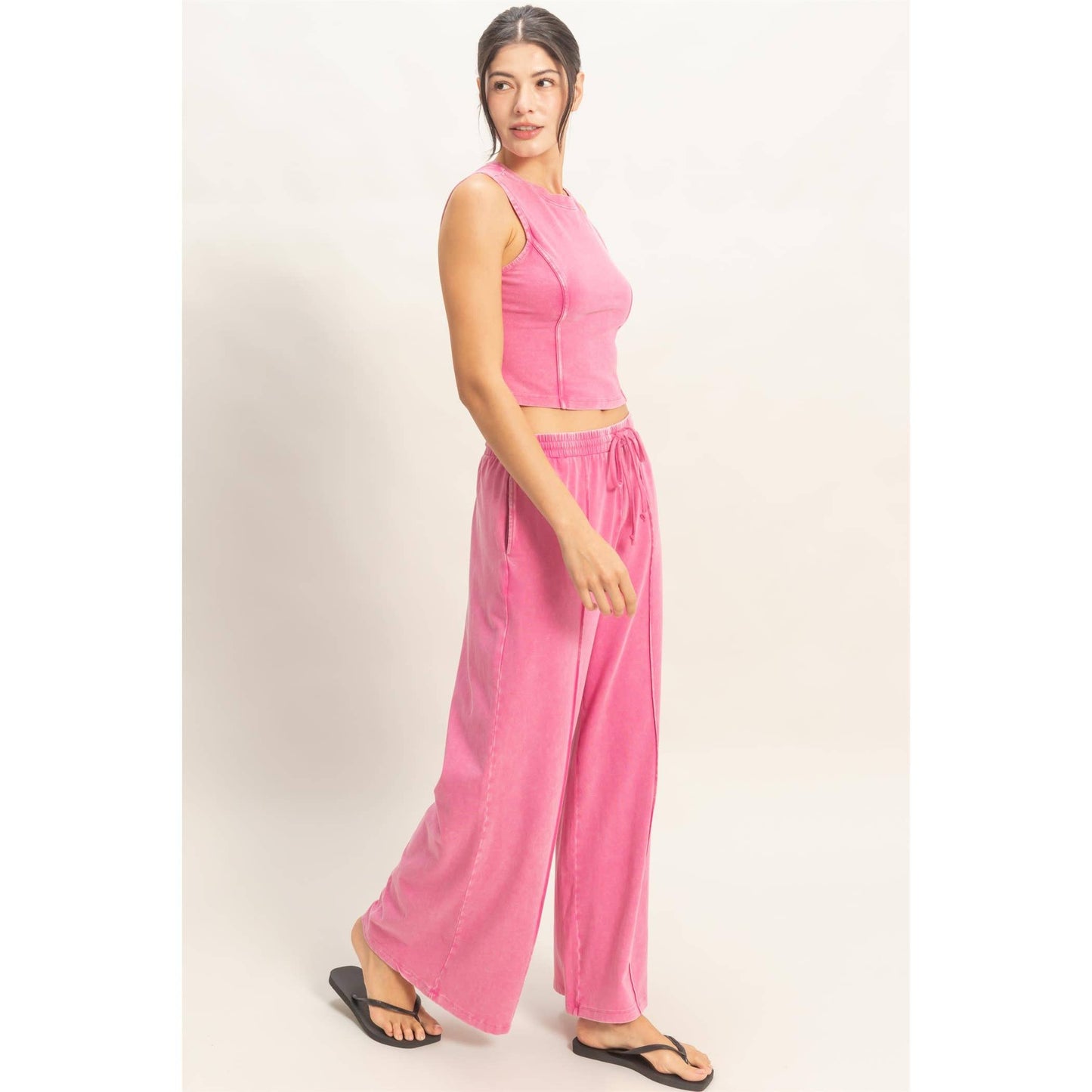 Mineral Washed Sleeveless Top & Wide Leg Pants Set: FUCHSIA / S-M-L(2-2-2)