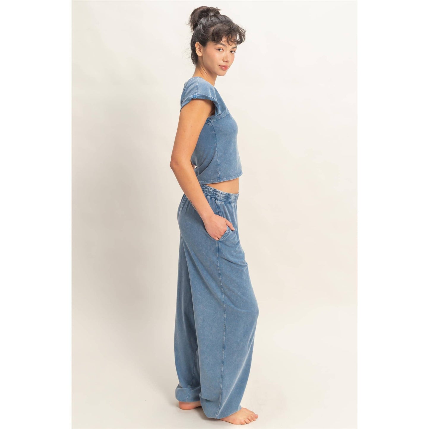 Rolled Sleeve Wrap-Front Crop Top And Jogger Set: DARK TEAL / S-M-L(2-2-2)