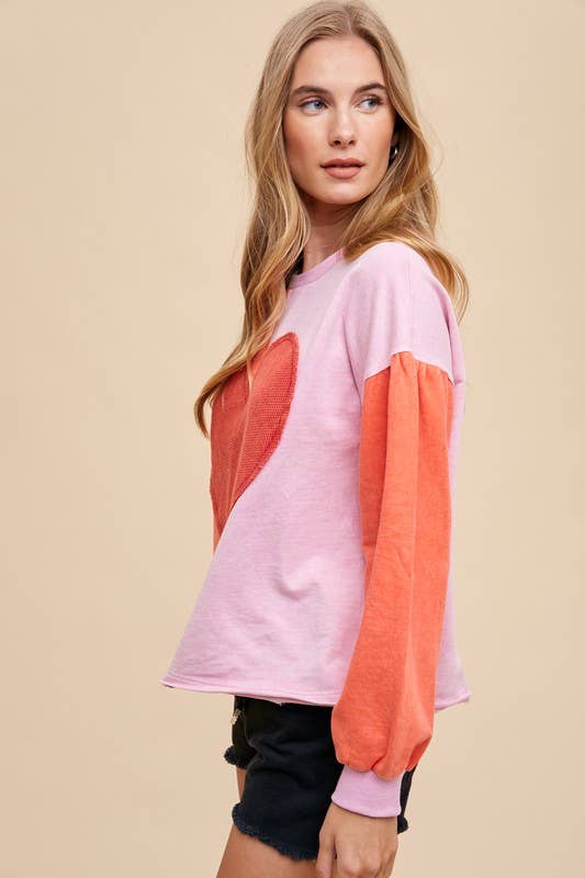 Heart Patch Mineral Wash Color Block Pullover: MINERAL RED/PINK / 2-2-2-2 (S-M-L-XL)