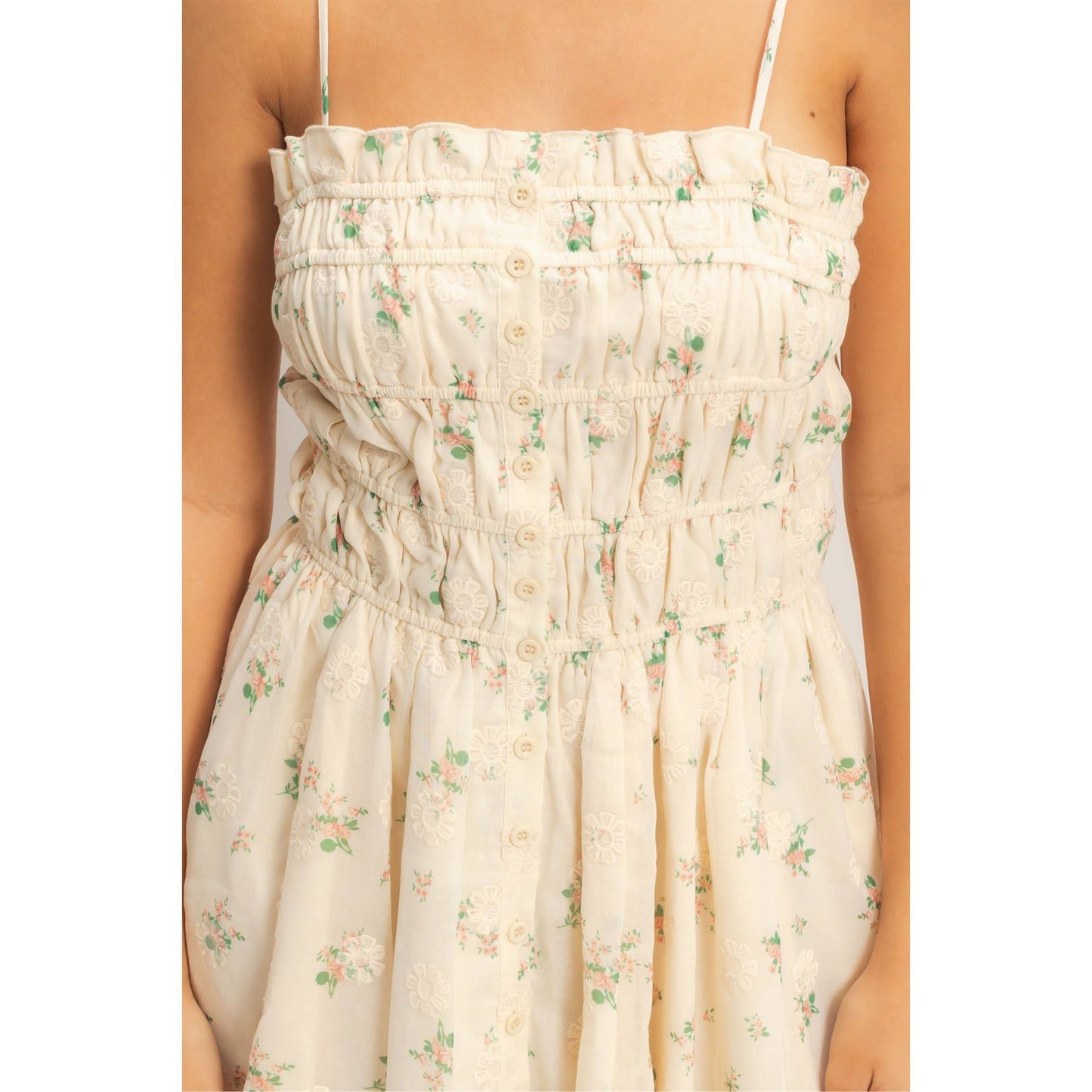 Shirred Floral Button-Front Mini: PINK / S-M-L(2-2-2)