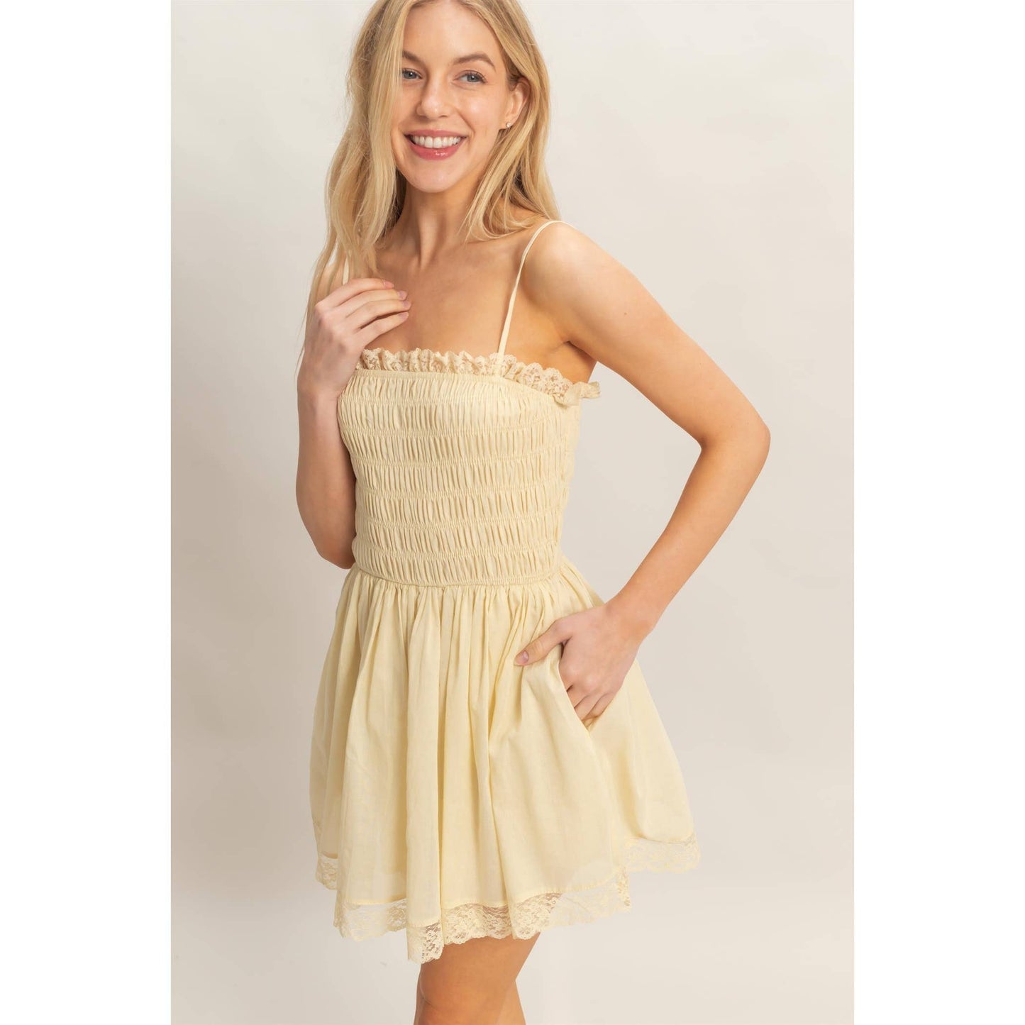 Smocked Lace Trim Romper: CREAM / S-M-L(2-2-2)