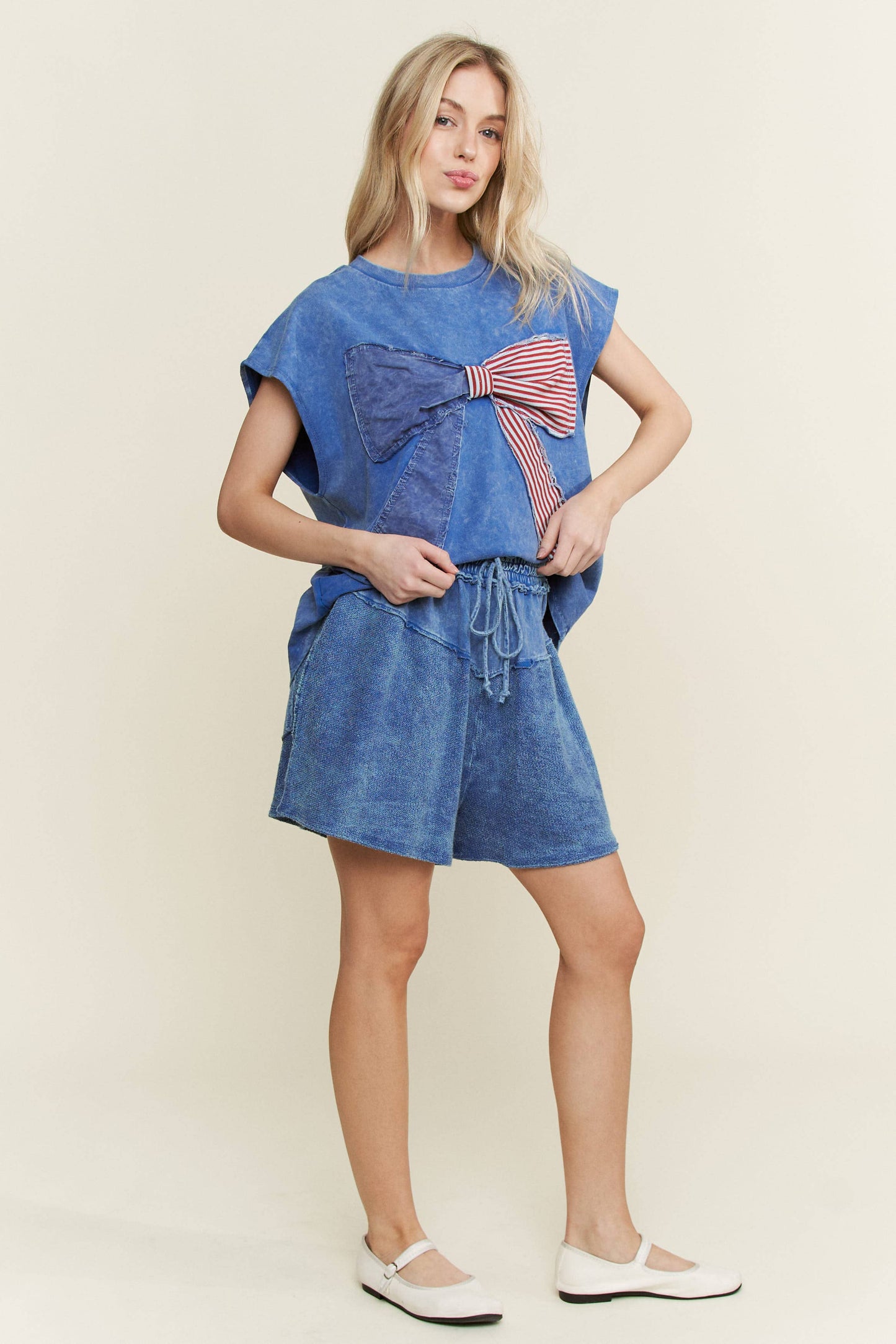MineralWashed Americana Bow Sleeveless Blouse top HT5647P2: Cobalt