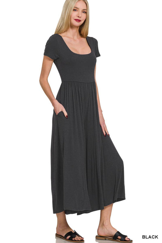 Double Layered Short Sleeve Jumpsuits: BLACK / 2-2-2 (S-M-L)