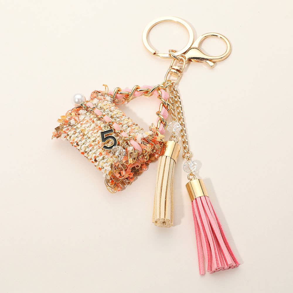 Pearl Number Five Stone Charm Accent Tweed Handbag Tassel Keychain / Bag Charm: Pink