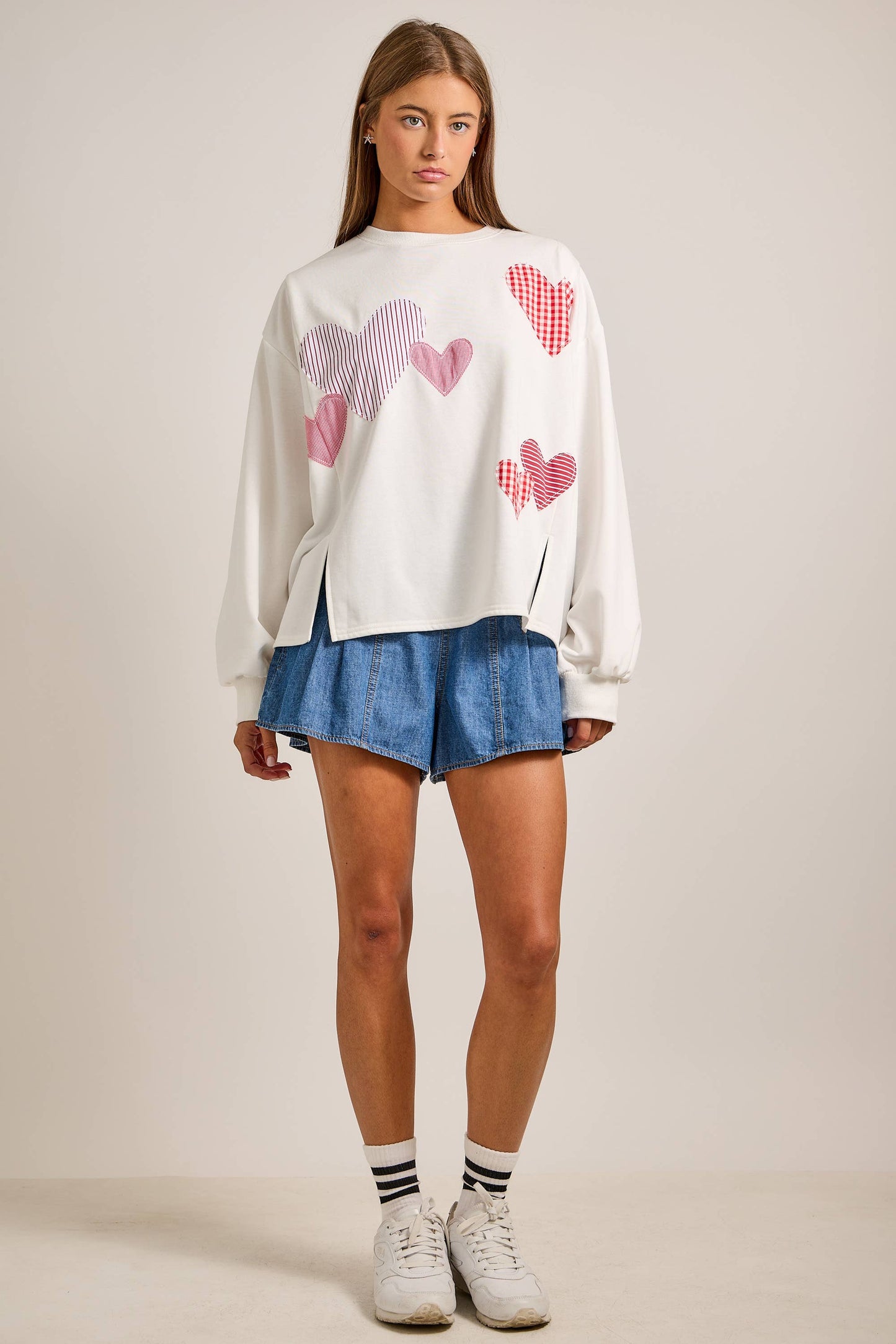 Red Heart Patchwork Sweatshirt – Valentine Pullover: RED / M