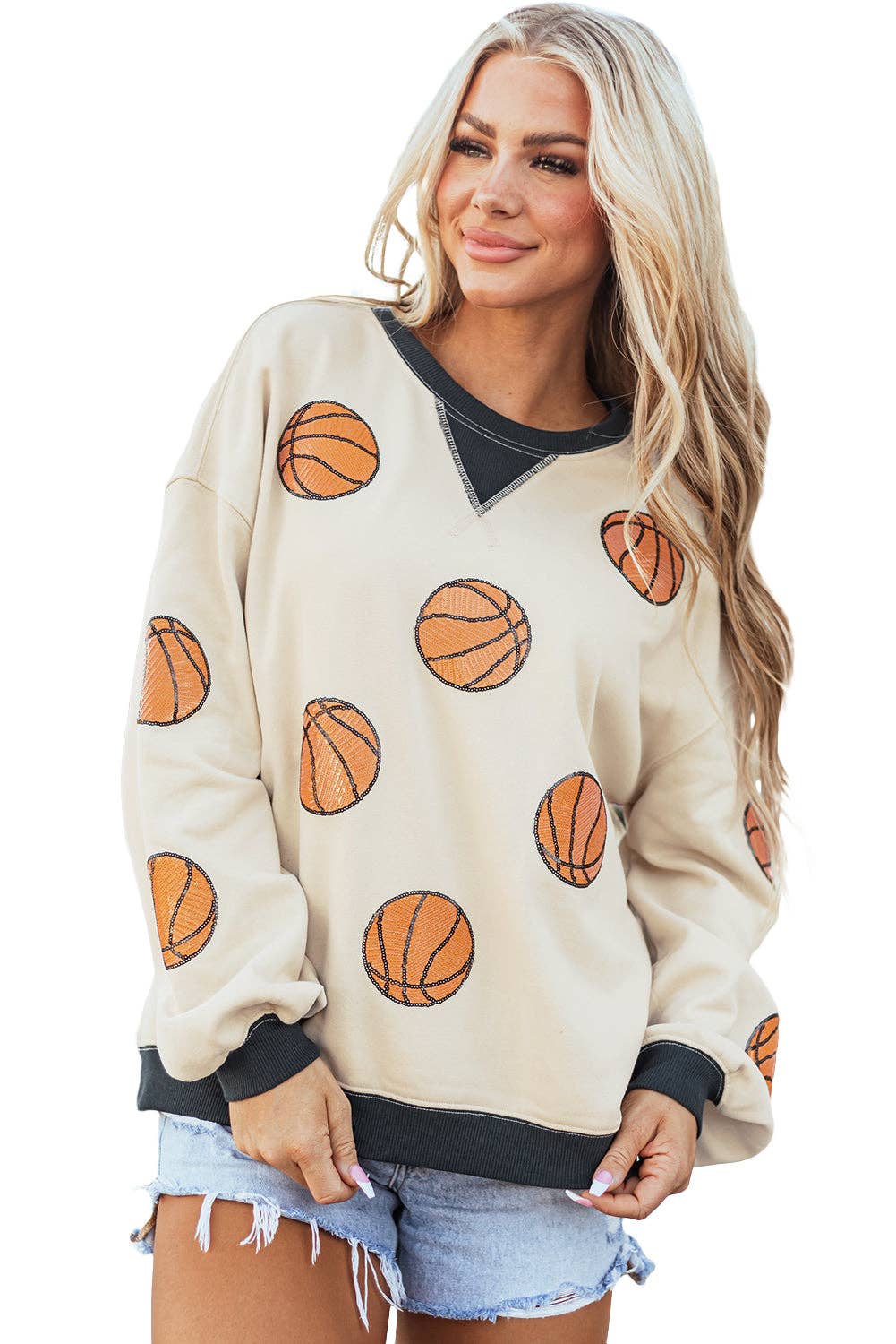 White Sequin Basketball Graphic Colorblock Edge Sweatshirt: White / 50%Polyester+50%Cotton / XL