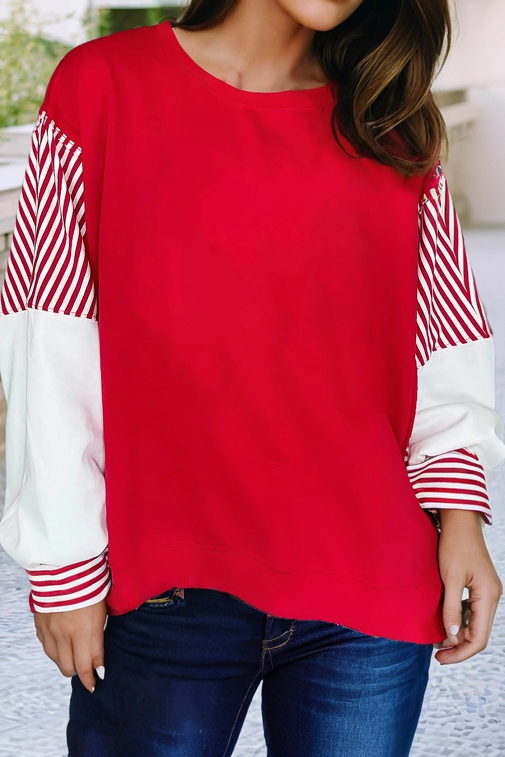 LDC Striped Patchwork Sleeve Colorblock Sweatshirt: Fiery Red / L