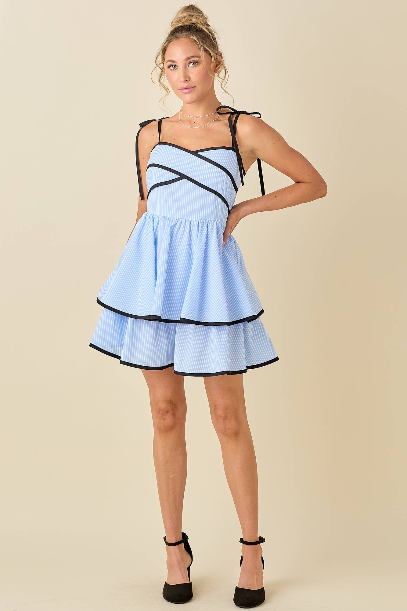 Ribbon shoulder strap with contrast binding dress: BLUE/BLACK / L