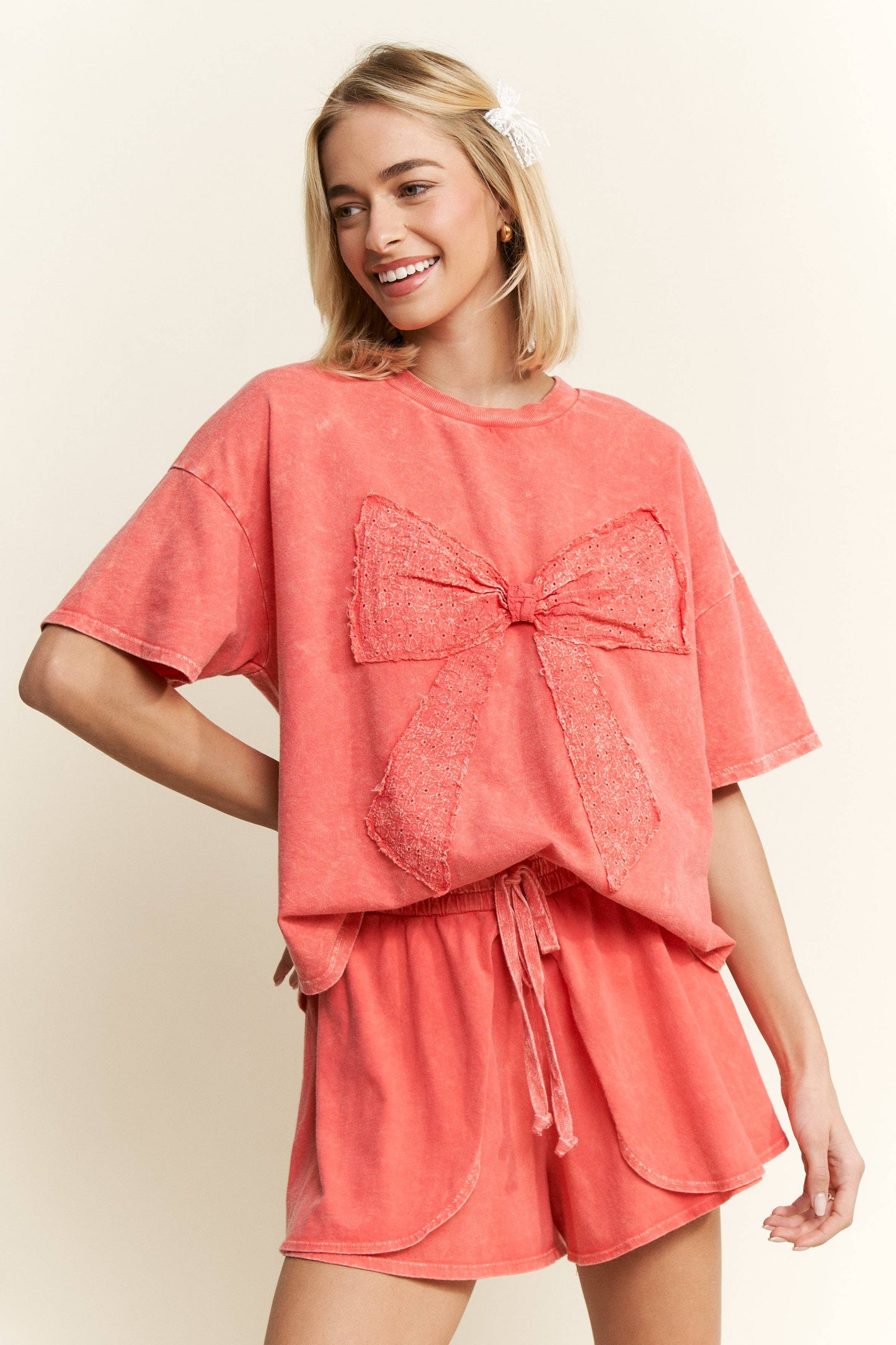 MineralWash Ribbon bow half sleeve shirt HT6308: Silver Grey / S-M-L / 2-2-2