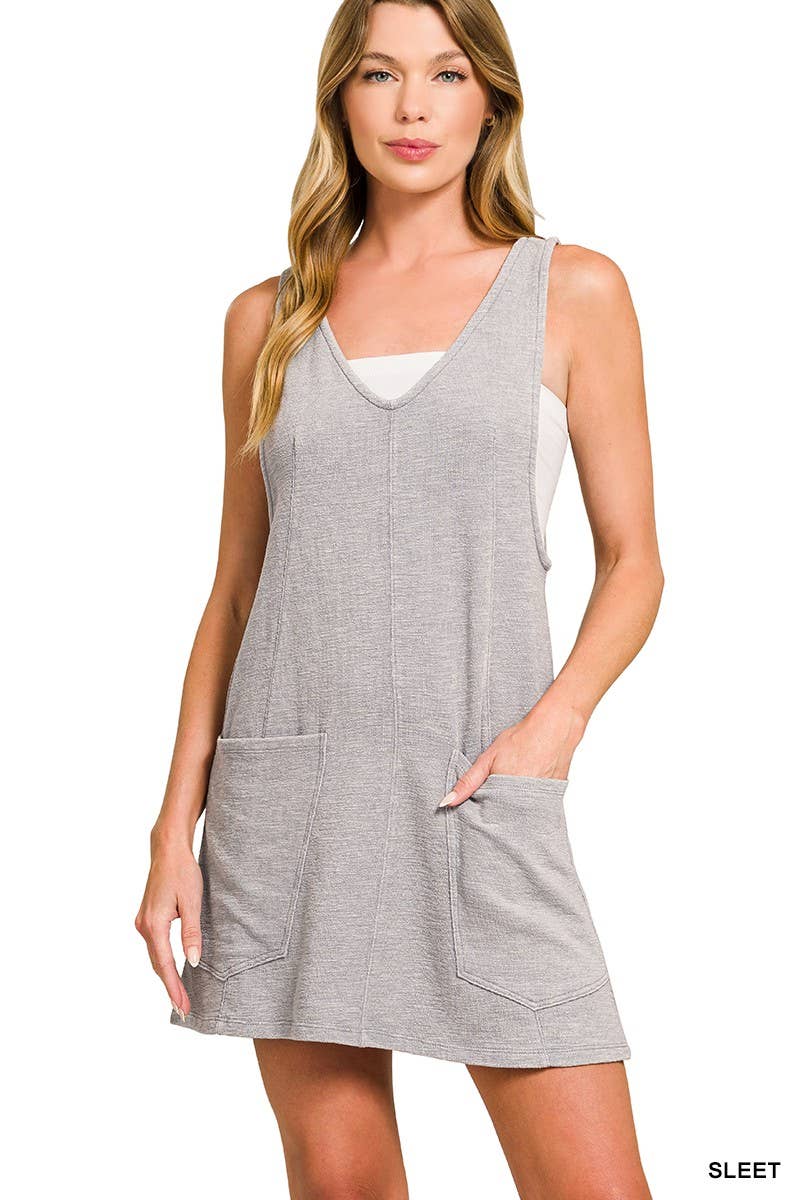 Washed Slub Adjustable Strap Overall Dress: DK GREEN / 2-2-2(S-M-L)