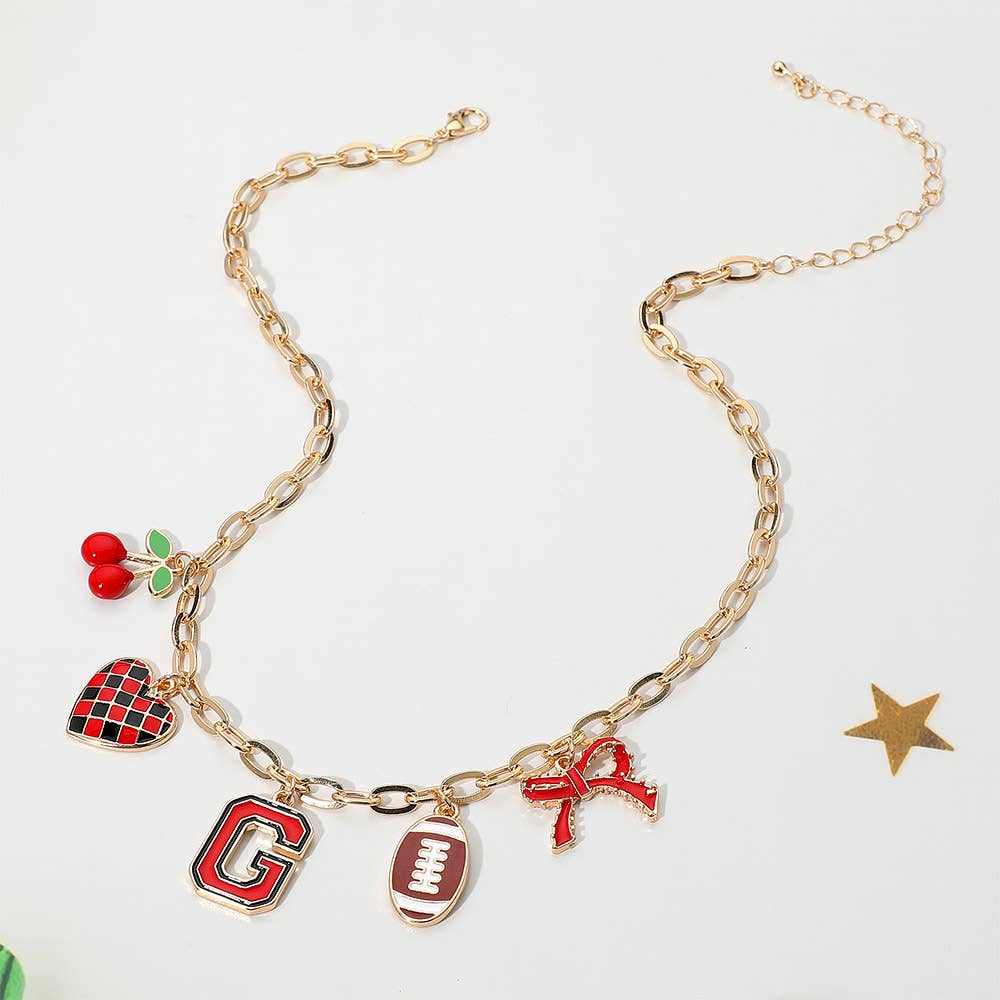 Football Theme Bow Cherry Heart Charm Station Necklace: Blue,Gold,White