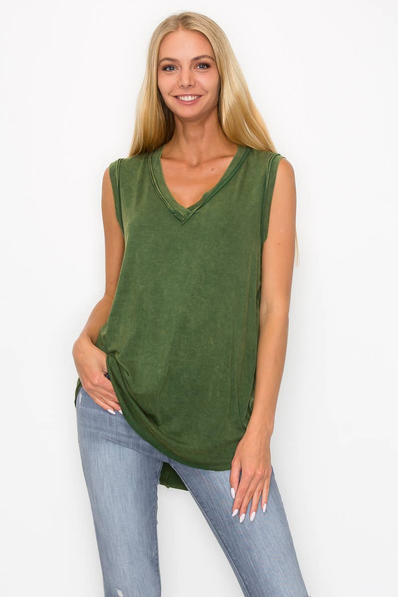 Mineral washed V neck Sleeveless Top HT4004: Olive / S-M-L/2-2-2