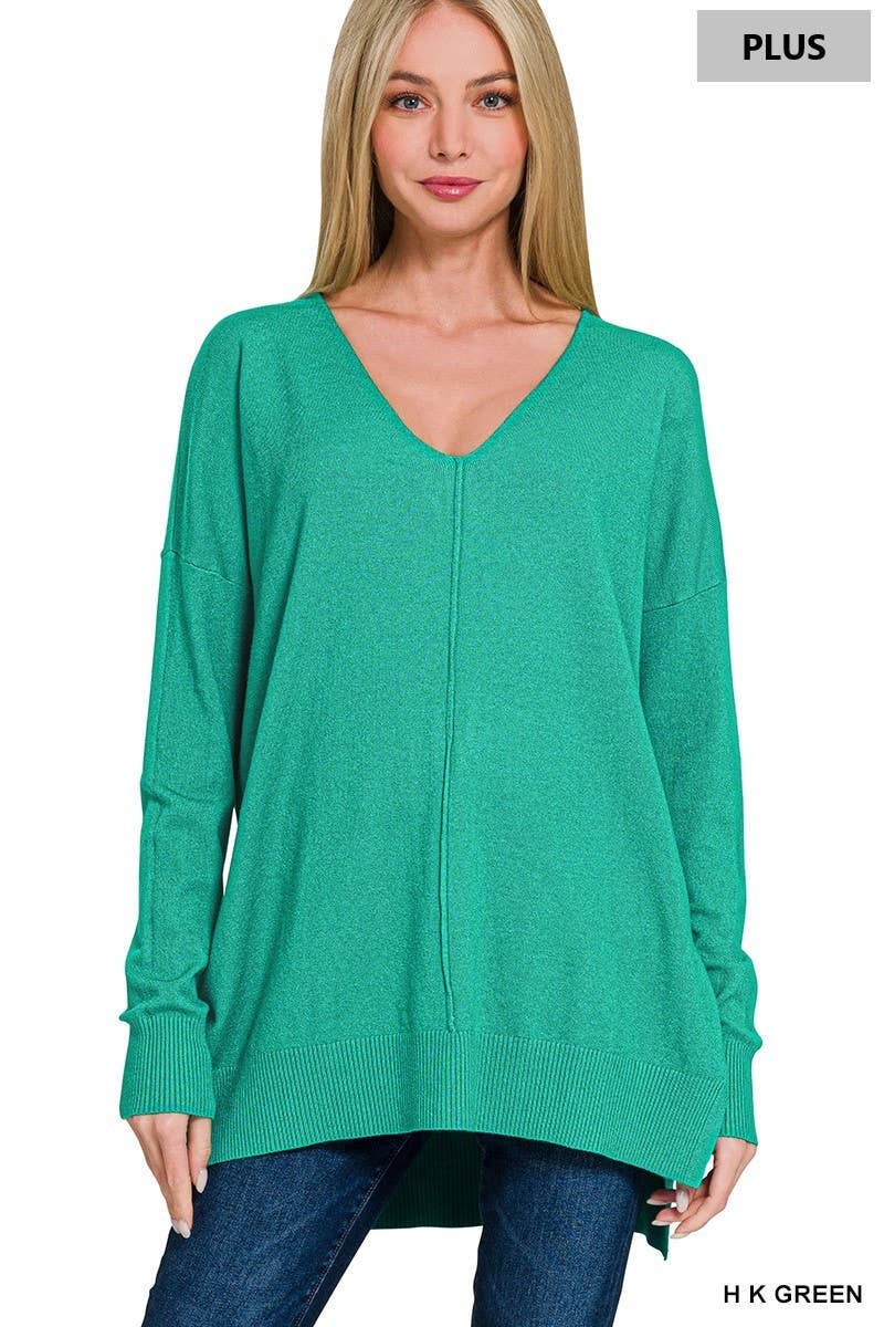 Plus Hi-Low Hem V-Neck Center Seam Sweater: H LT NAVY / 3-2 (1XL/2XL-2XL/3XL)