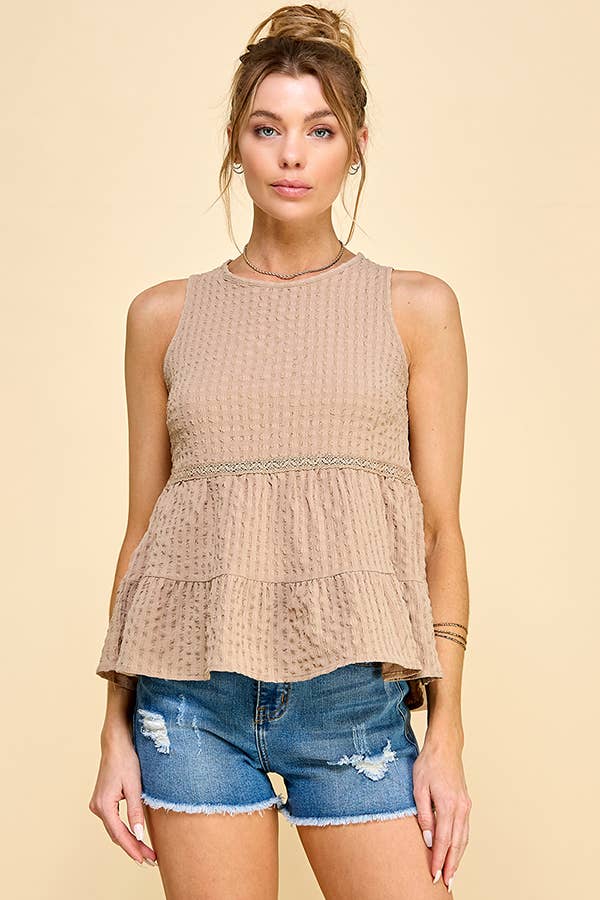 WK50480 - BABYDOLL TIER BUBLLE WOVEN TOP WITH TIE BACK: SATIN ROSE / S-M-L/2-2-2